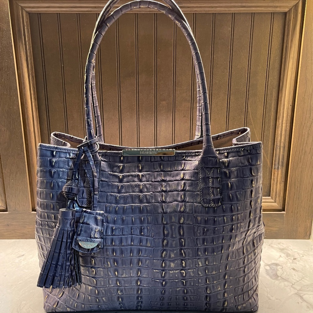 BRAHMIN MEDIUM SHOULDER BAG DENIM BLUE WITH GOLD ACCENTS
